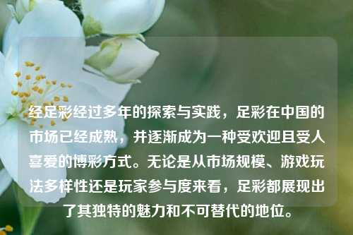 经足彩经过多年的探索与实践，足彩在中国的市场已经成熟，并逐渐成为一种受欢迎且受人喜爱的博彩方式。无论是从市场规模、游戏玩法多样性还是玩家参与度来看，足彩都展现出了其独特的魅力和不可替代的地位。