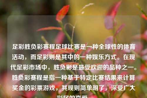 足彩胜负彩赛程足球比赛是一种全球性的体育活动，而足彩则是其中的一种娱乐方式。在现代足彩市场中，胜负彩是最受欢迎的品种之一。胜负彩赛程是指一种基于特定比赛结果来计算奖金的彩票游戏，其规则简单明了，深受广大彩民的喜爱。
