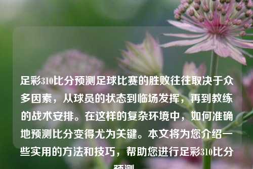 足彩310比分预测足球比赛的胜败往往取决于众多因素，从球员的状态到临场发挥，再到教练的战术安排。在这样的复杂环境中，如何准确地预测比分变得尤为关键。本文将为您介绍一些实用的方法和技巧，帮助您进行足彩310比分预测。