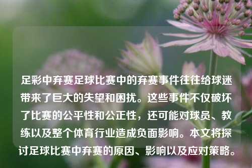 足彩中弃赛足球比赛中的弃赛事件往往给球迷带来了巨大的失望和困扰。这些事件不仅破坏了比赛的公平性和公正性，还可能对球员、教练以及整个体育行业造成负面影响。本文将探讨足球比赛中弃赛的原因、影响以及应对策略。