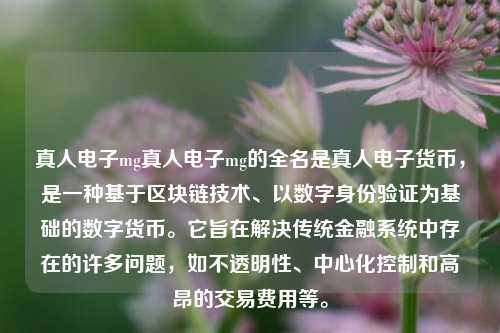 真人电子mg真人电子mg的全名是真人电子货币，是一种基于区块链技术、以数字身份验证为基础的数字货币。它旨在解决传统金融系统中存在的许多问题，如不透明性、中心化控制和高昂的交易费用等。